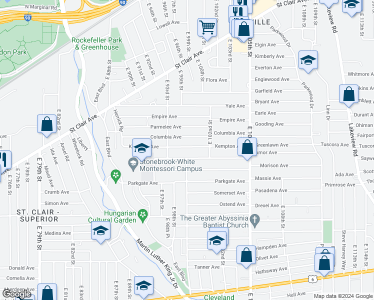 map of restaurants, bars, coffee shops, grocery stores, and more near 9704 Kempton Avenue in Cleveland
