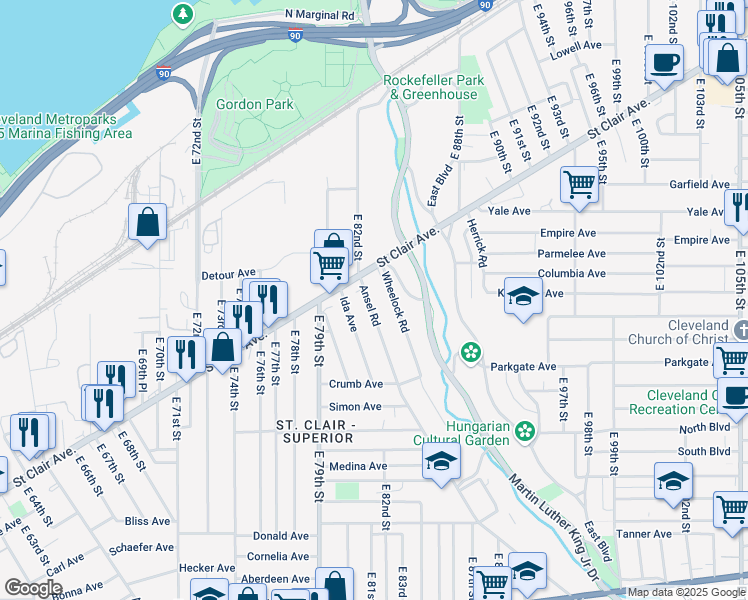 map of restaurants, bars, coffee shops, grocery stores, and more near 857 Ansel Road in Cleveland
