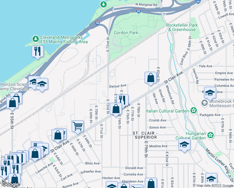 map of restaurants, bars, coffee shops, grocery stores, and more near 885 East 73rd Street in Cleveland