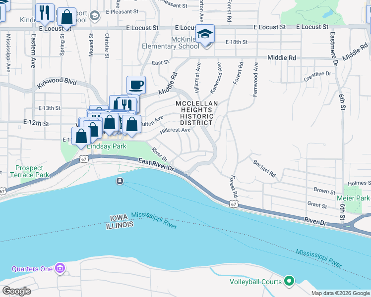map of restaurants, bars, coffee shops, grocery stores, and more near 16 Edgehill Terrace in Davenport