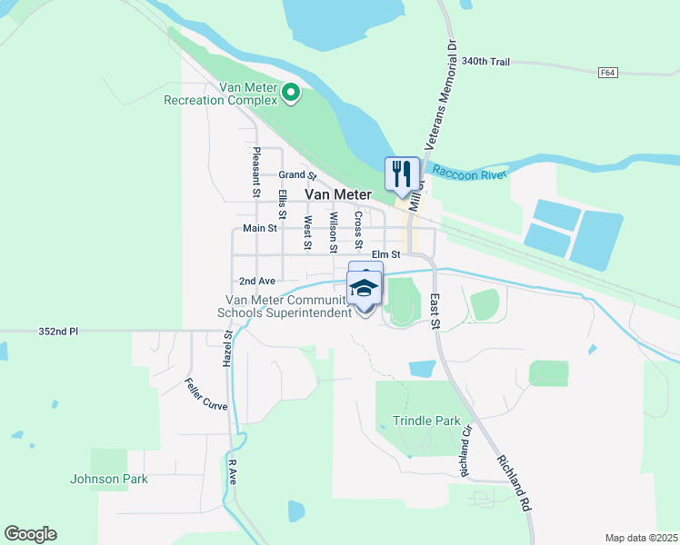 map of restaurants, bars, coffee shops, grocery stores, and more near 213 Wilson Street in Van Meter