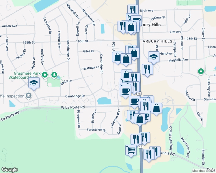 map of restaurants, bars, coffee shops, grocery stores, and more near 19784 Ascot Place in Mokena
