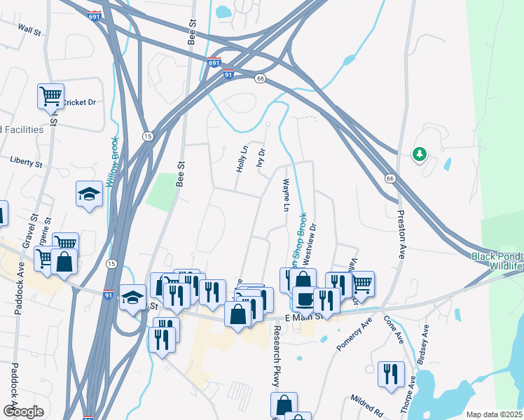 map of restaurants, bars, coffee shops, grocery stores, and more near 191 Maple Avenue in Meriden