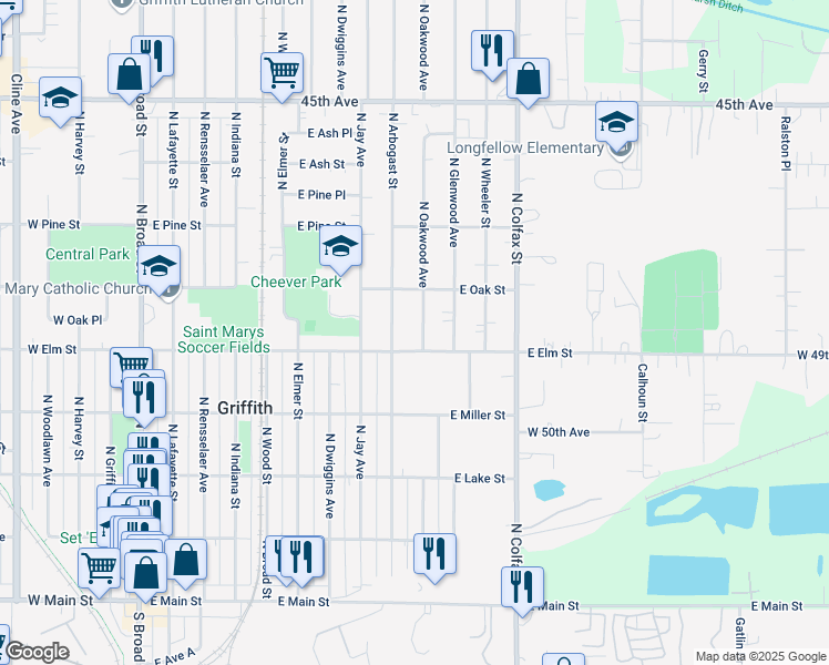 map of restaurants, bars, coffee shops, grocery stores, and more near 514 North Oakwood Avenue in Griffith