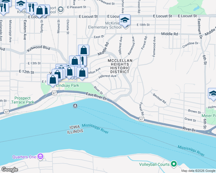 map of restaurants, bars, coffee shops, grocery stores, and more near 16 Edgehill Terrace in Davenport