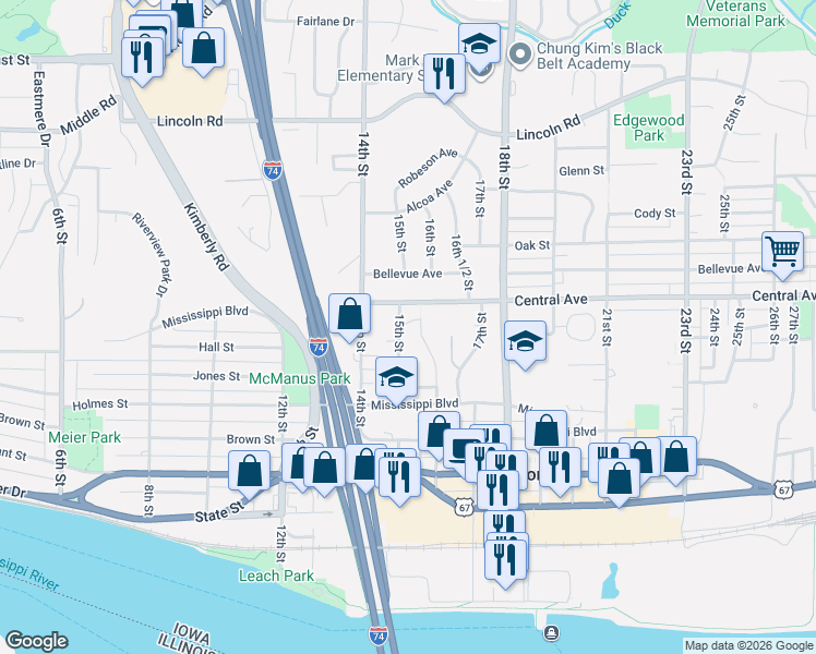 map of restaurants, bars, coffee shops, grocery stores, and more near 825 15th Street in Bettendorf