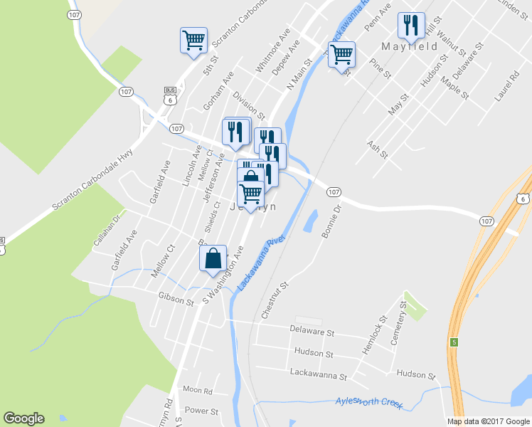 map of restaurants, bars, coffee shops, grocery stores, and more near 599 Laurel St in Jermyn