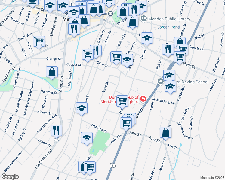 map of restaurants, bars, coffee shops, grocery stores, and more near 77 Oak Street in Meriden