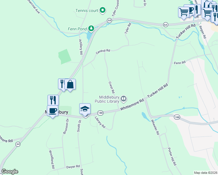 map of restaurants, bars, coffee shops, grocery stores, and more near 99 Crest Road in Middlebury