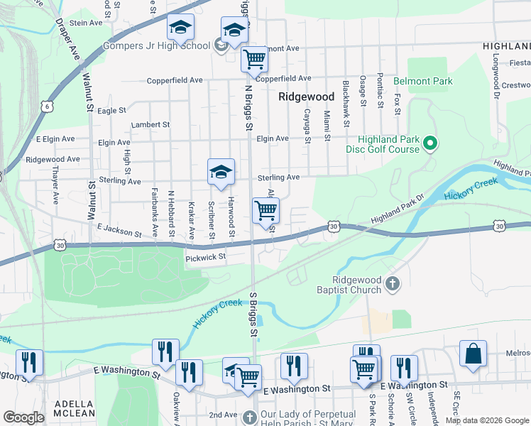map of restaurants, bars, coffee shops, grocery stores, and more near 241 Algonquin Street in Joliet