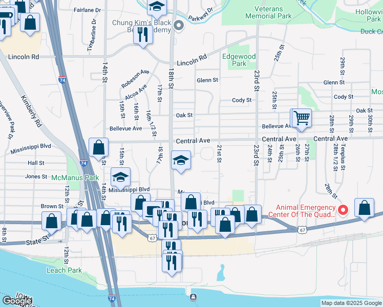 map of restaurants, bars, coffee shops, grocery stores, and more near 910 19th Street in Bettendorf
