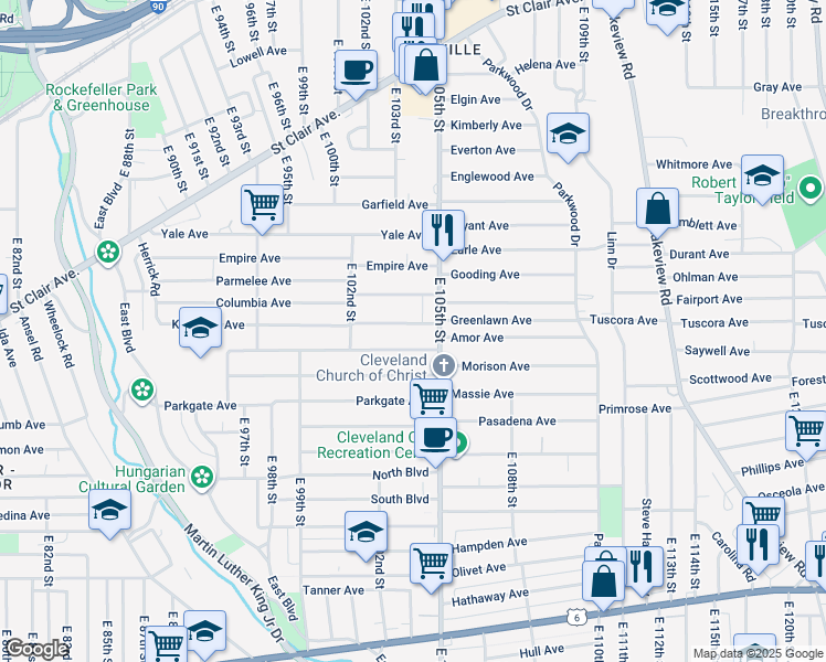 map of restaurants, bars, coffee shops, grocery stores, and more near 10406 Kempton Avenue in Cleveland