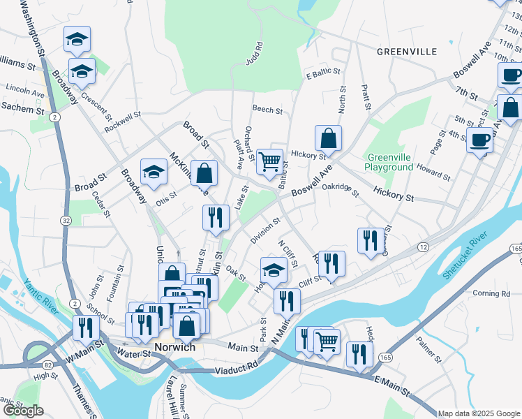 map of restaurants, bars, coffee shops, grocery stores, and more near 88 Boswell Avenue in Norwich