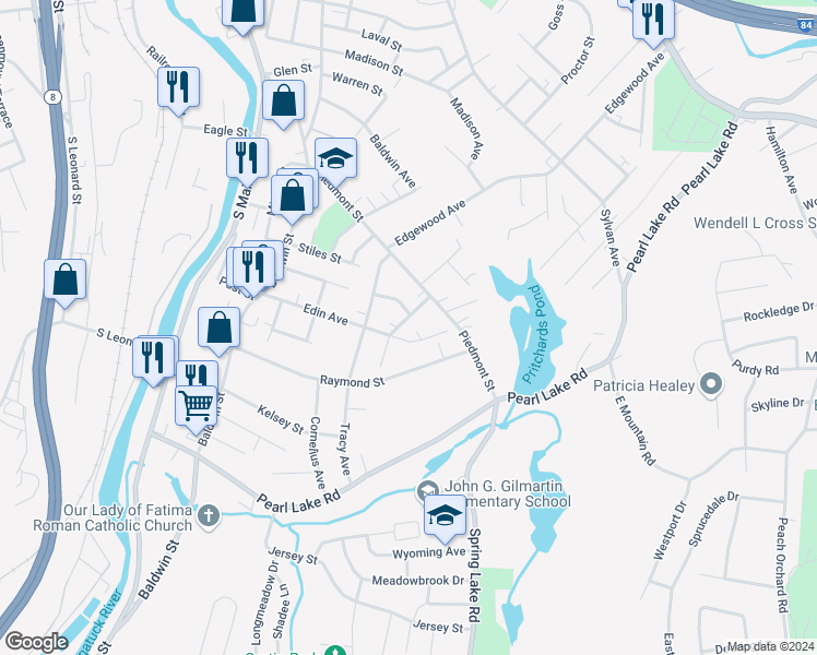 map of restaurants, bars, coffee shops, grocery stores, and more near 197 Edin Avenue in Waterbury