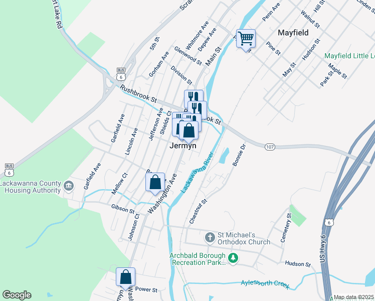map of restaurants, bars, coffee shops, grocery stores, and more near 1-599 Laurel Street in Jermyn