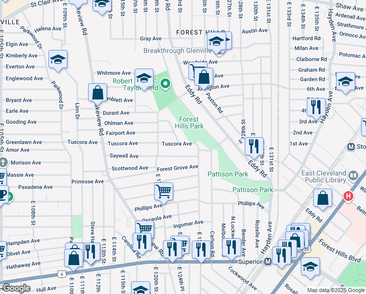 map of restaurants, bars, coffee shops, grocery stores, and more near 12342 Tuscora Avenue in Cleveland