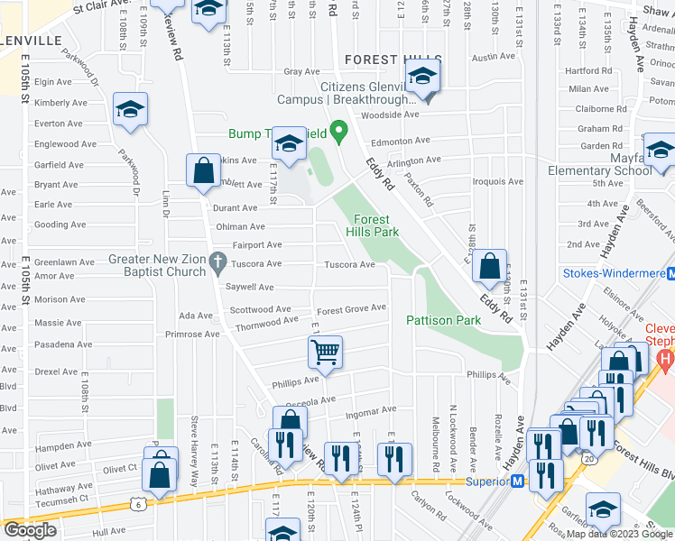 map of restaurants, bars, coffee shops, grocery stores, and more near 12342 Tuscora Avenue in Cleveland