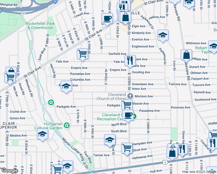 map of restaurants, bars, coffee shops, grocery stores, and more near 10226 Kempton Avenue in Cleveland