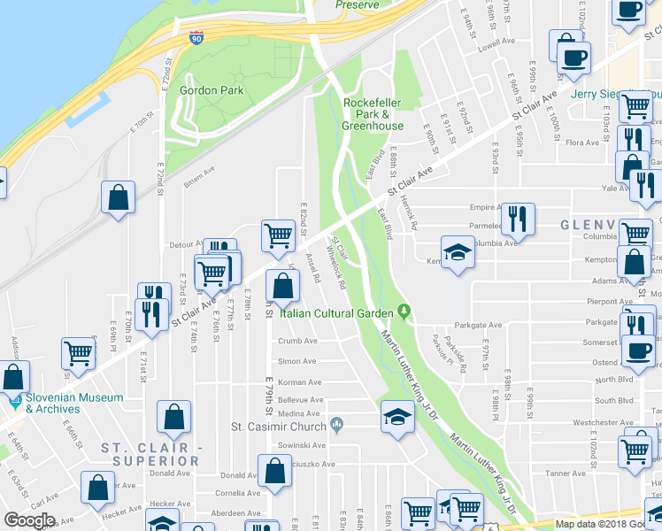 map of restaurants, bars, coffee shops, grocery stores, and more near 325 Wheelock Road in Cleveland