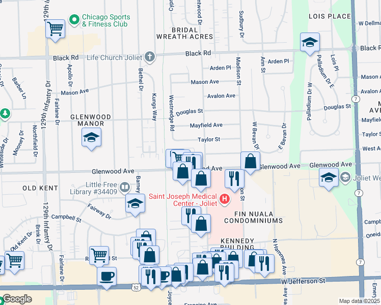 map of restaurants, bars, coffee shops, grocery stores, and more near 411 Springfield Avenue in Joliet
