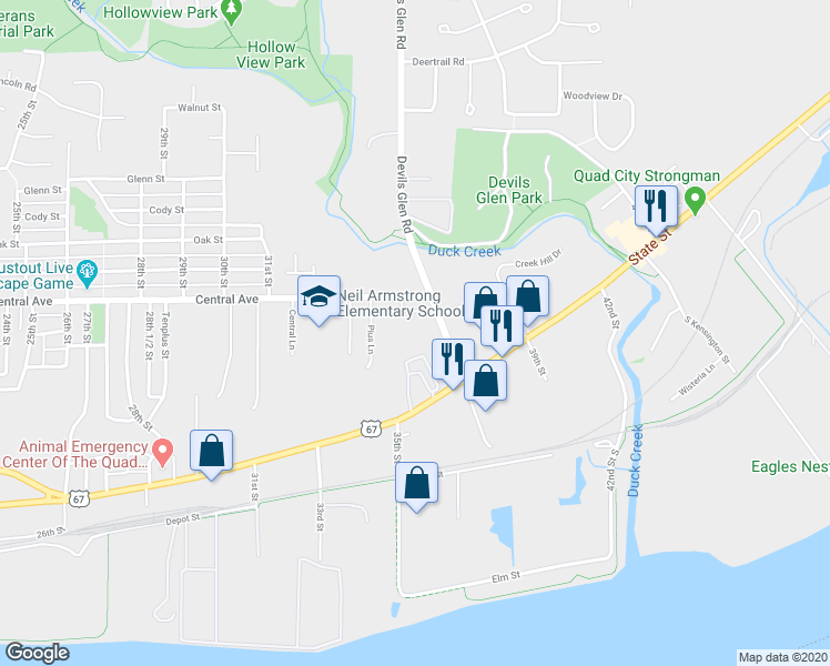 map of restaurants, bars, coffee shops, grocery stores, and more near 926 Devils Glen Road in Bettendorf