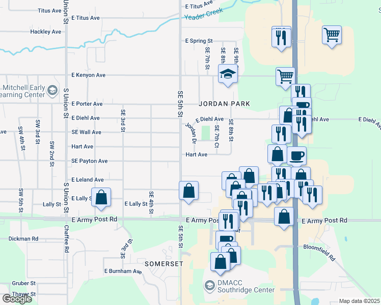 map of restaurants, bars, coffee shops, grocery stores, and more near 500 Hart Avenue in Des Moines