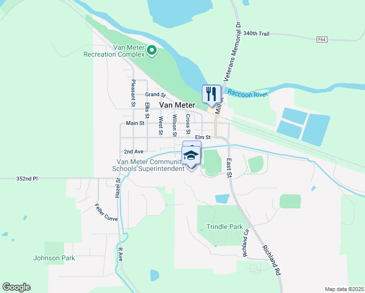 map of restaurants, bars, coffee shops, grocery stores, and more near 213 Wilson Street in Van Meter