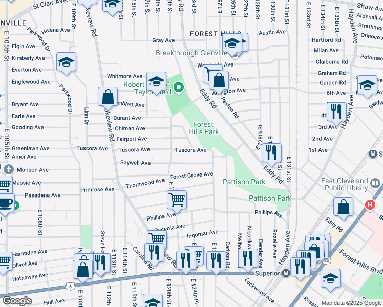 map of restaurants, bars, coffee shops, grocery stores, and more near 12342 Tuscora Avenue in Cleveland