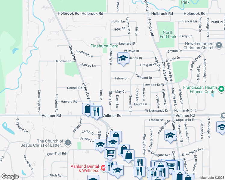 map of restaurants, bars, coffee shops, grocery stores, and more near 293 May Court in Chicago Heights