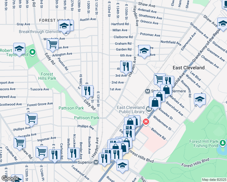 map of restaurants, bars, coffee shops, grocery stores, and more near 13318 1st Avenue in East Cleveland
