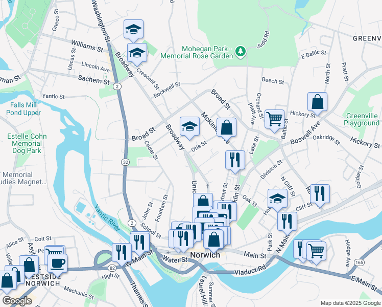 map of restaurants, bars, coffee shops, grocery stores, and more near 193 Broadway in Norwich