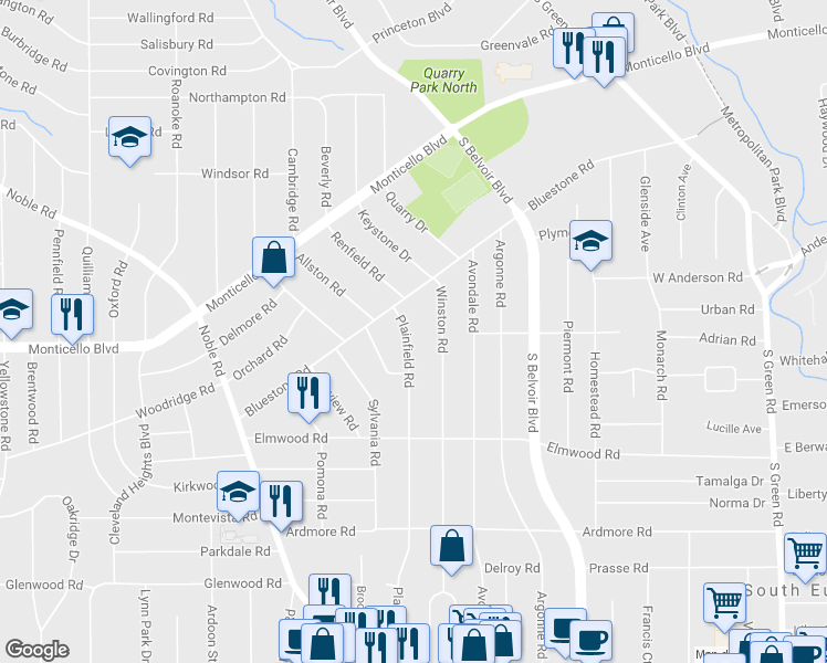 map of restaurants, bars, coffee shops, grocery stores, and more near 1083 Plainfield Road in South Euclid