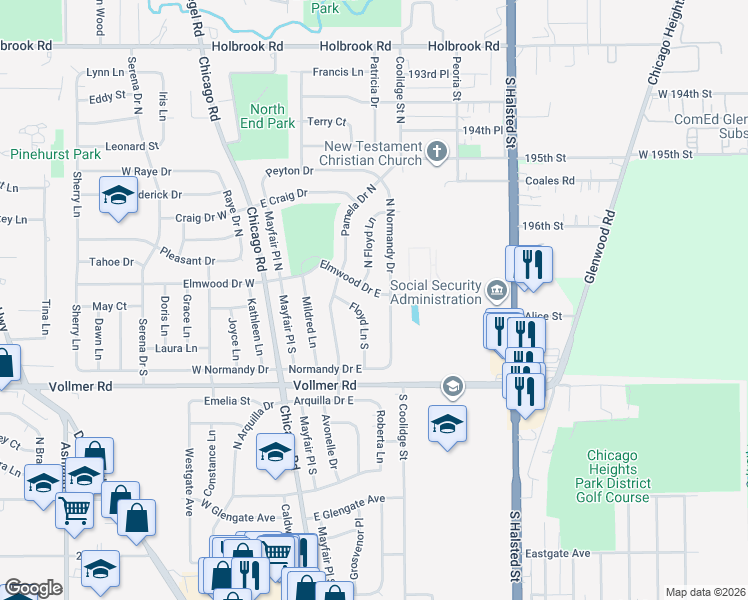 map of restaurants, bars, coffee shops, grocery stores, and more near 97 East Elmwood Drive in Chicago Heights