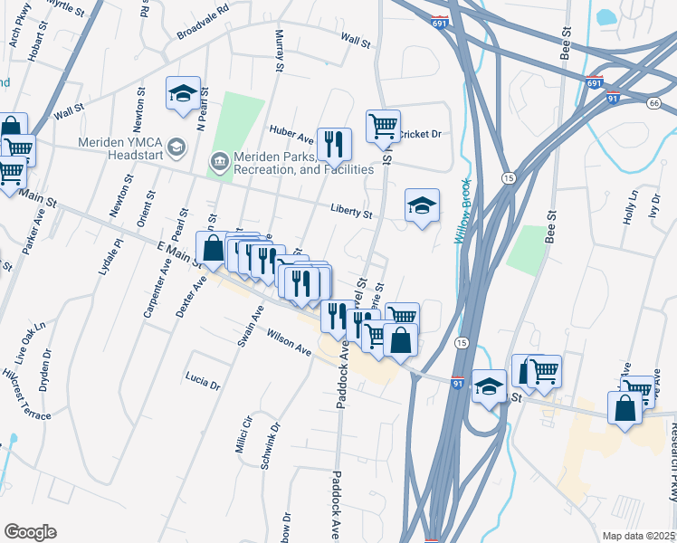 map of restaurants, bars, coffee shops, grocery stores, and more near 30 Merritt Place in Meriden
