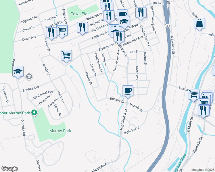 map of restaurants, bars, coffee shops, grocery stores, and more near 184 New Haven Avenue in Waterbury