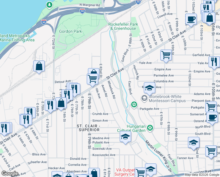 map of restaurants, bars, coffee shops, grocery stores, and more near 325 Wheelock Road in Cleveland