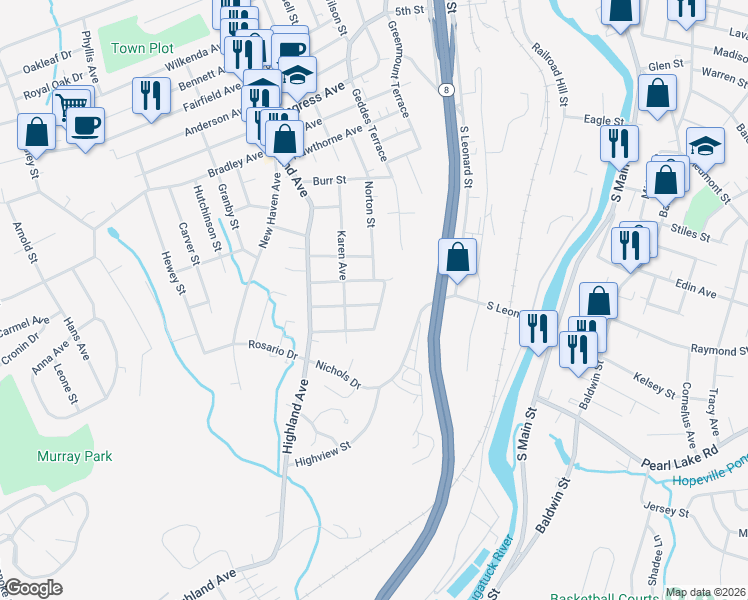 map of restaurants, bars, coffee shops, grocery stores, and more near 97 White Rose Avenue in Waterbury