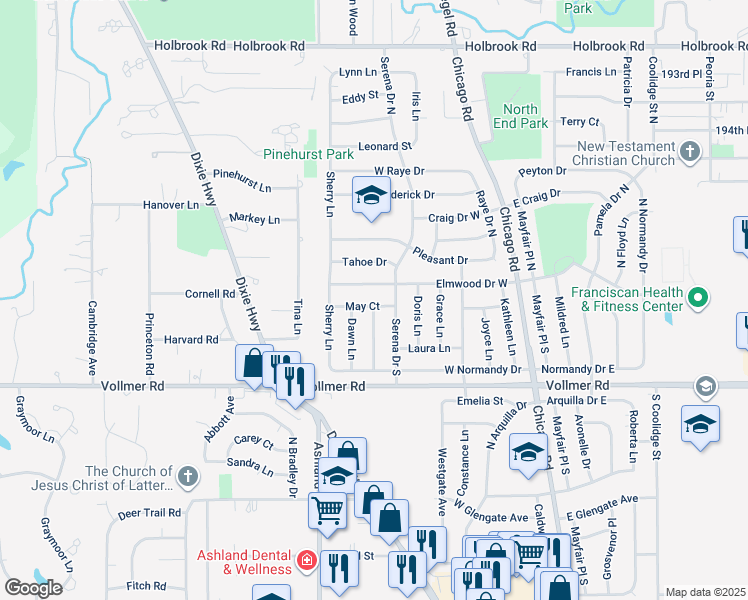 map of restaurants, bars, coffee shops, grocery stores, and more near 253 May Court in Chicago Heights