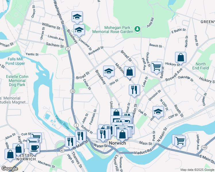 map of restaurants, bars, coffee shops, grocery stores, and more near 2 Otis Street in Norwich