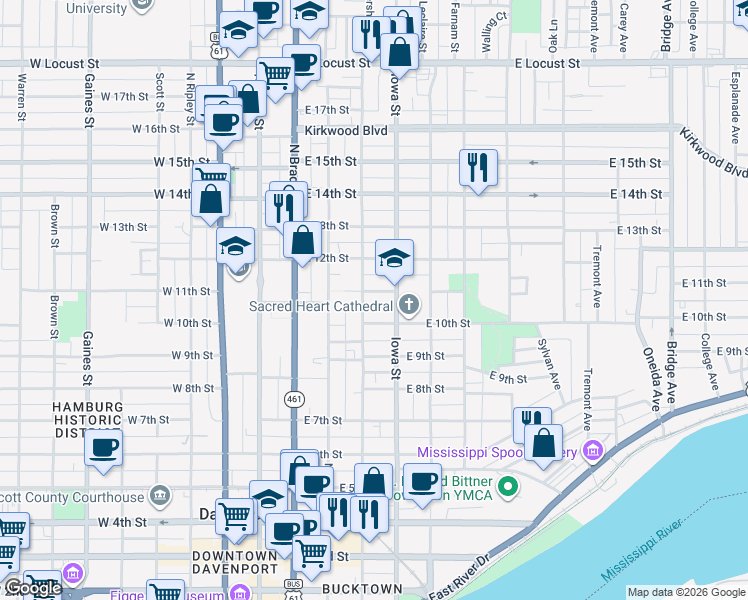 map of restaurants, bars, coffee shops, grocery stores, and more near 1016 Iowa Street in Davenport