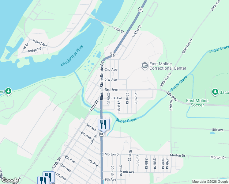 map of restaurants, bars, coffee shops, grocery stores, and more near 2040 3rd Avenue in East Moline