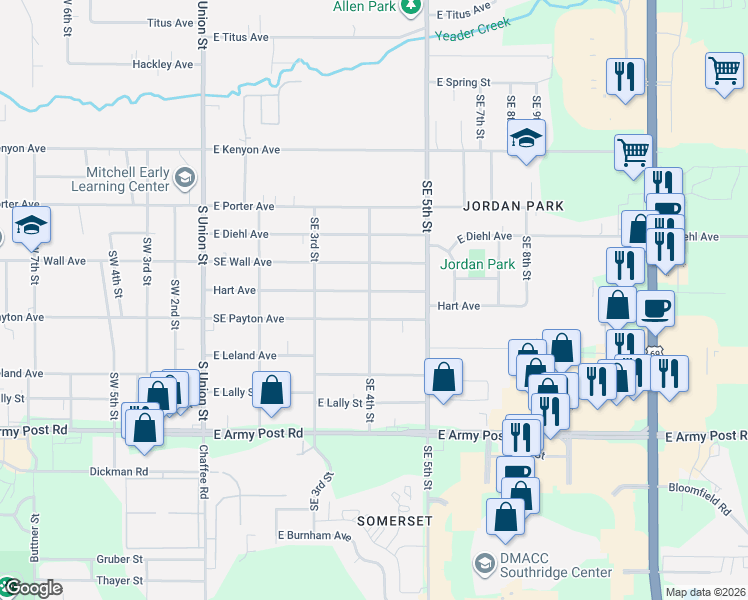 map of restaurants, bars, coffee shops, grocery stores, and more near 345 Hart Avenue in Des Moines