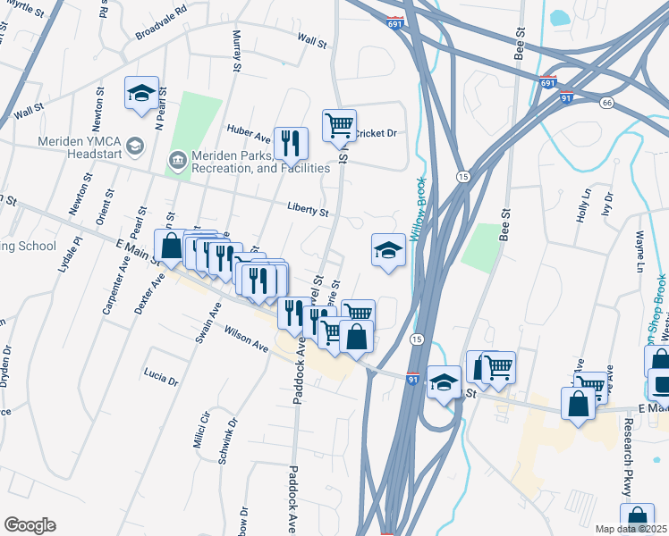 map of restaurants, bars, coffee shops, grocery stores, and more near 15 Sylvester Street in Meriden