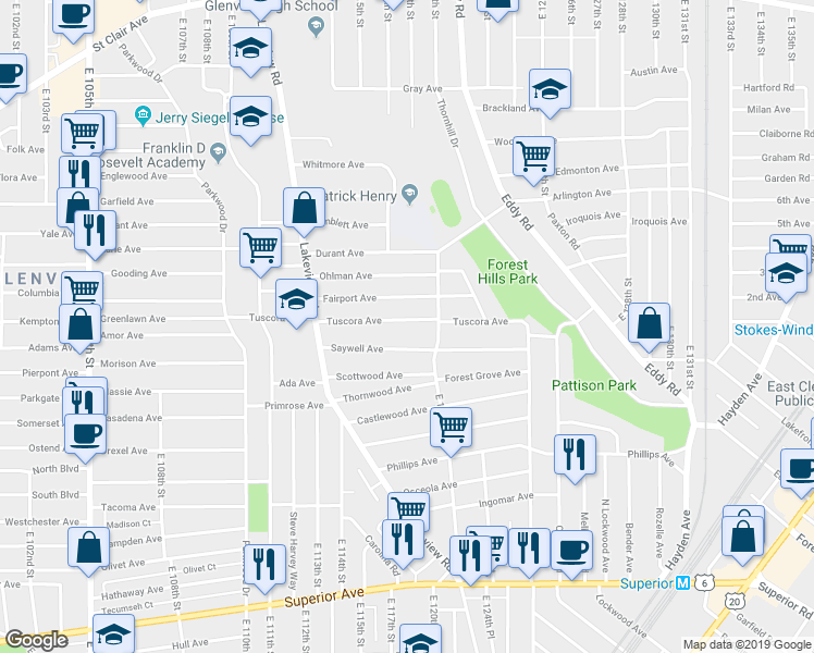 map of restaurants, bars, coffee shops, grocery stores, and more near 11706 Tuscora Avenue in Cleveland