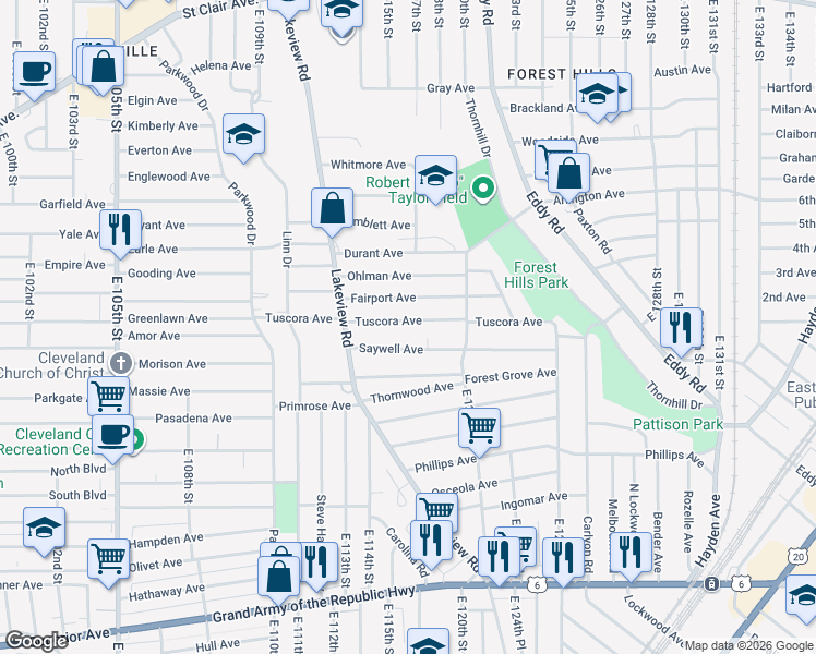 map of restaurants, bars, coffee shops, grocery stores, and more near 11514 Tuscora Avenue in Cleveland