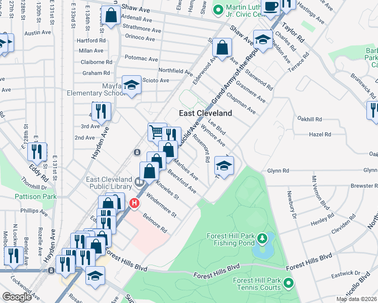 map of restaurants, bars, coffee shops, grocery stores, and more near 1829 Van Buren Road in East Cleveland