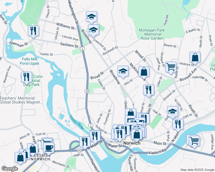 map of restaurants, bars, coffee shops, grocery stores, and more near 9 Slater Avenue in Norwich