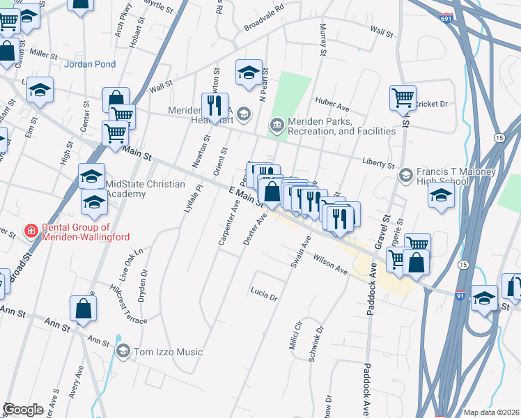 map of restaurants, bars, coffee shops, grocery stores, and more near 607 East Main Street in Meriden