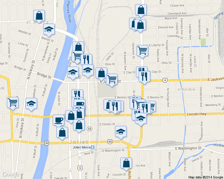 map of restaurants, bars, coffee shops, grocery stores, and more near 118 East Jackson Street in Joliet