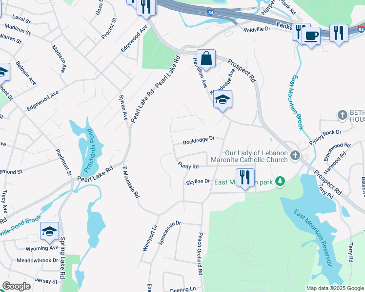 map of restaurants, bars, coffee shops, grocery stores, and more near 103 Rockledge Drive in Waterbury